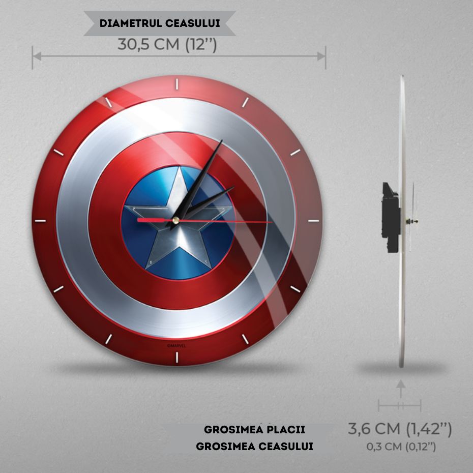 Ceas de Perete Captain America Scut din Sticla - Design Premium, Licenta Oficiala Marvel, Cadoul Perfect pentru Fanii Avengers - 3 | YEO